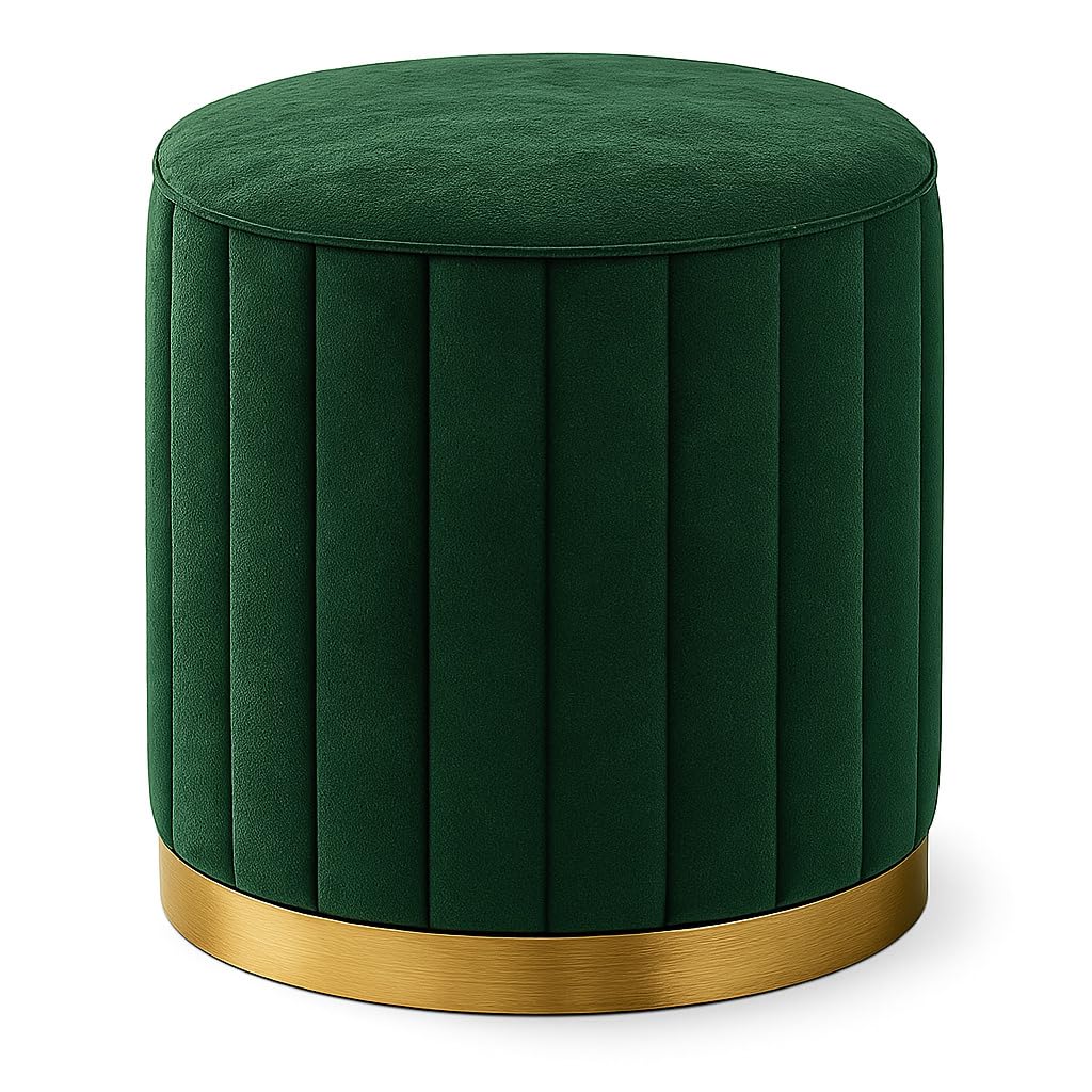 CRAFT DECOR Round Modern Flannel Material Ottoman Foot Rest Vanity Seat with Gold Metal Legs for Bedroom Living Room Vanity Stool Padded Seat Foot Rest Stool
