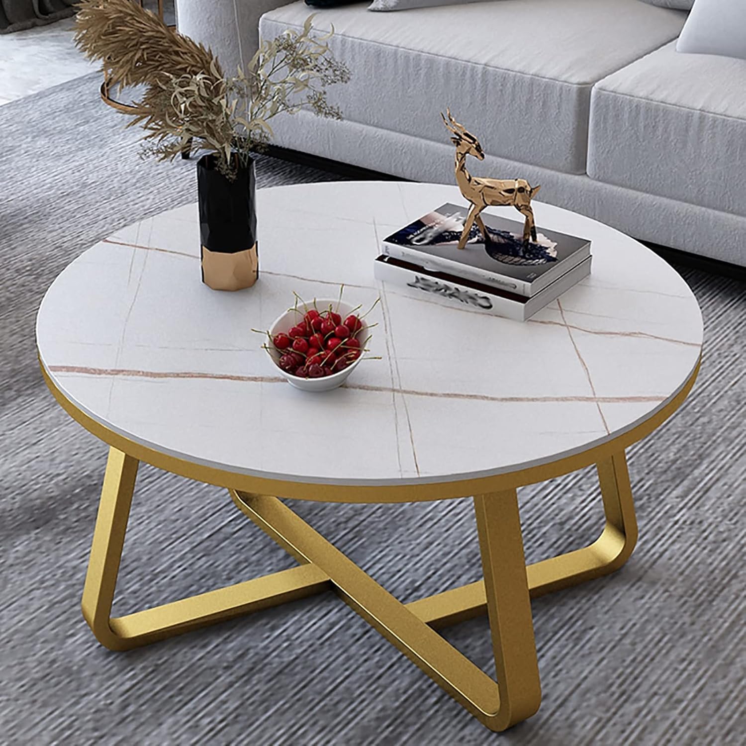 Coffee Table Round Tea Table Contemporary Multifunctional Centre Table for Living Room, Bedroom or Apartment with Sturdy Metal Frame (Gold White)