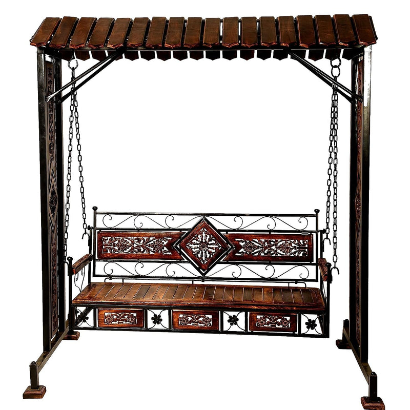 Habiba Arts Habiba Art Store Swing Jhula Chair, Hammock, Outdoor- 3 Seater Solid Wood & Iron Swing Jhoola Swing Jhula, Hammock Jhula, Cradle For Relaxing Outdoor Seating, Brown