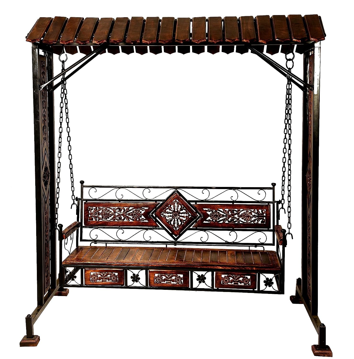 Habiba Arts Habiba Art Store Swing Jhula Chair, Hammock, Outdoor- 3 Seater Solid Wood & Iron Swing Jhoola Swing Jhula, Hammock Jhula, Cradle For Relaxing Outdoor Seating, Brown