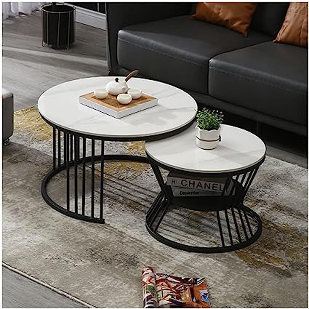 CRAFT DECOR Round Coffee Table, Modern Nestings Table Set of 2, Sofa Side Table with Marble Veneer Top and Metal Frame, End Table for Living Room Bedroom Home or Office