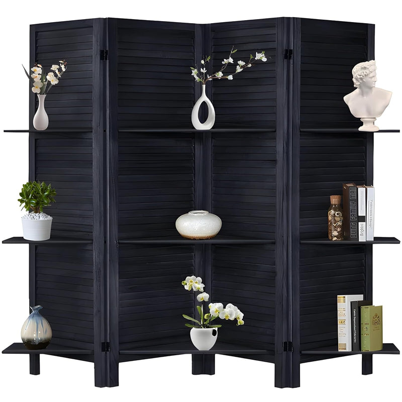 KRAFTEE Wooden Room Divider Partition-Foldable Wood Screen Divider for Office, Restaurant, Living Room, Bedroom, and Patti Design - Four Panels with Three Shelves-Black