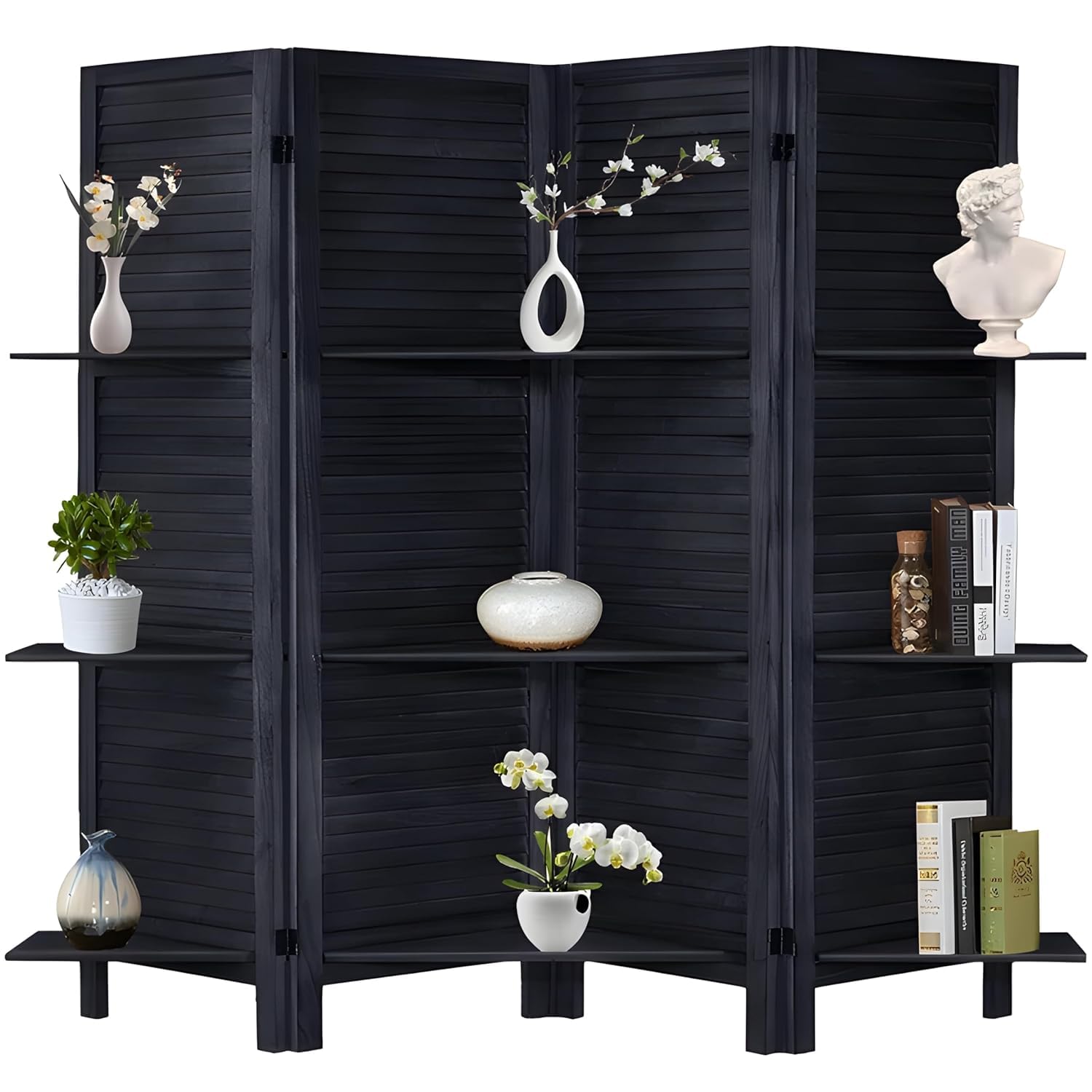KRAFTEE Wooden Room Divider Partition-Foldable Wood Screen Divider for Office, Restaurant, Living Room, Bedroom, and Patti Design - Four Panels with Three Shelves-Black