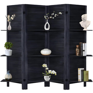 KRAFTEE Wooden Room Divider Partition-Foldable Wood Screen Divider for Office, Restaurant, Living Room, Bedroom, and Patti Design - Four Panels with Three Shelves-Black