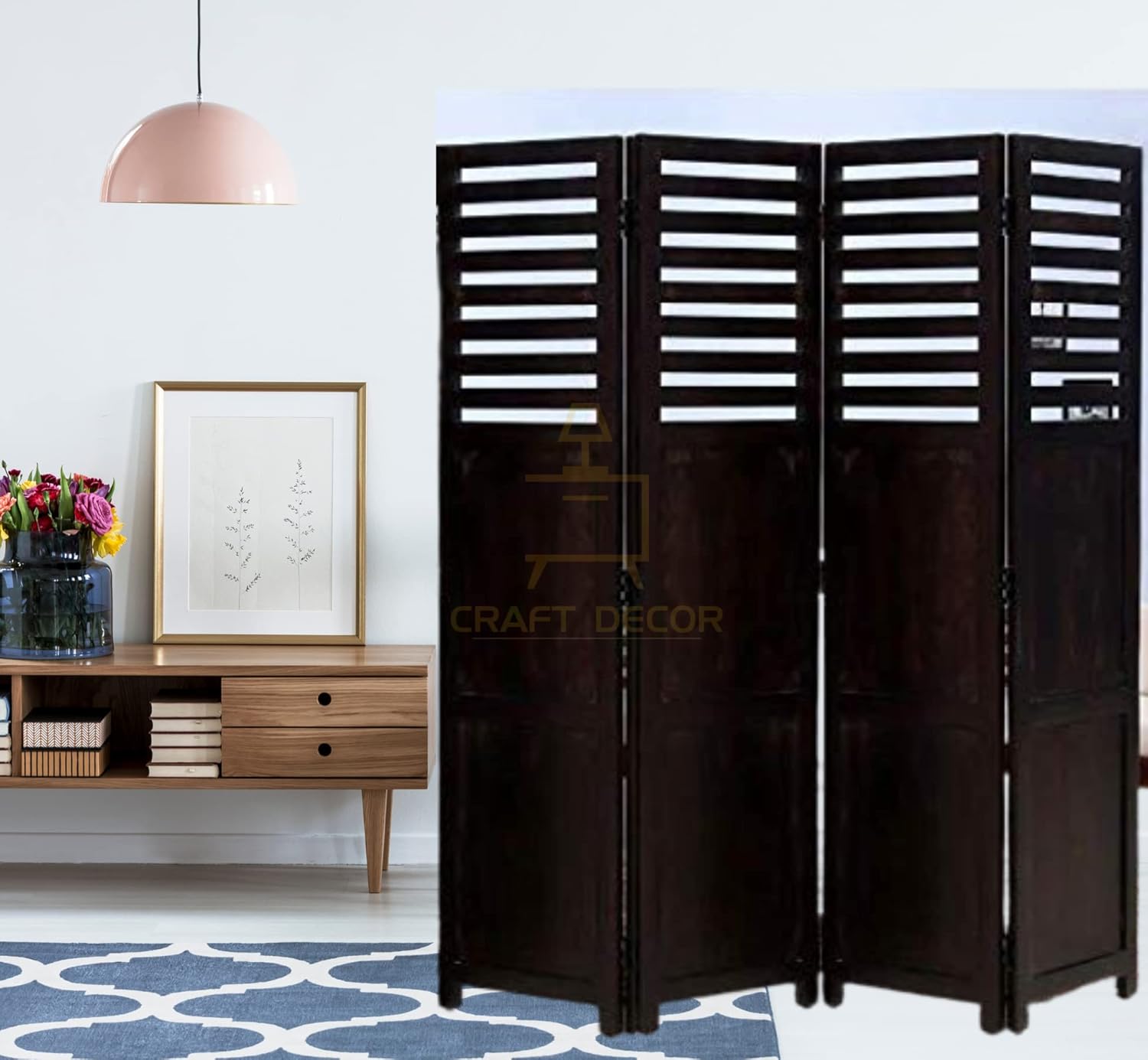 CRAFT DECOR Wooden Partition for Living Room, Wood Screen Separators, Wooden Rooms Wall Dividers 4 Wall Panels, Folding Screen for Living Rooms/Bedroom/Office/Restaurant/Pooja Room