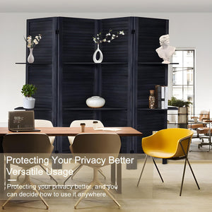 KRAFTEE Wooden Room Divider Partition-Foldable Wood Screen Divider for Office, Restaurant, Living Room, Bedroom, and Patti Design - Four Panels with Three Shelves-Black
