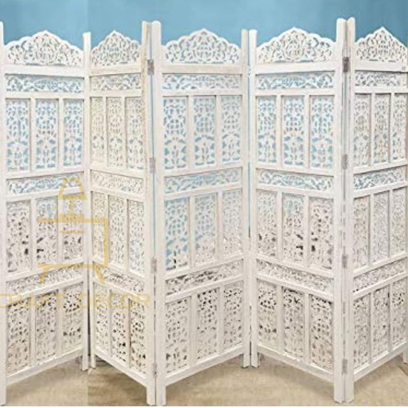 CRAFT DECOR Wooden Partition for Living Rooms, Wood Screen Separators, Wooden Room Wall Dividers 6 Wall Panels, Folding Screen for Living Room/Bedroom/Office/Restaurant/Pooja Room (White)