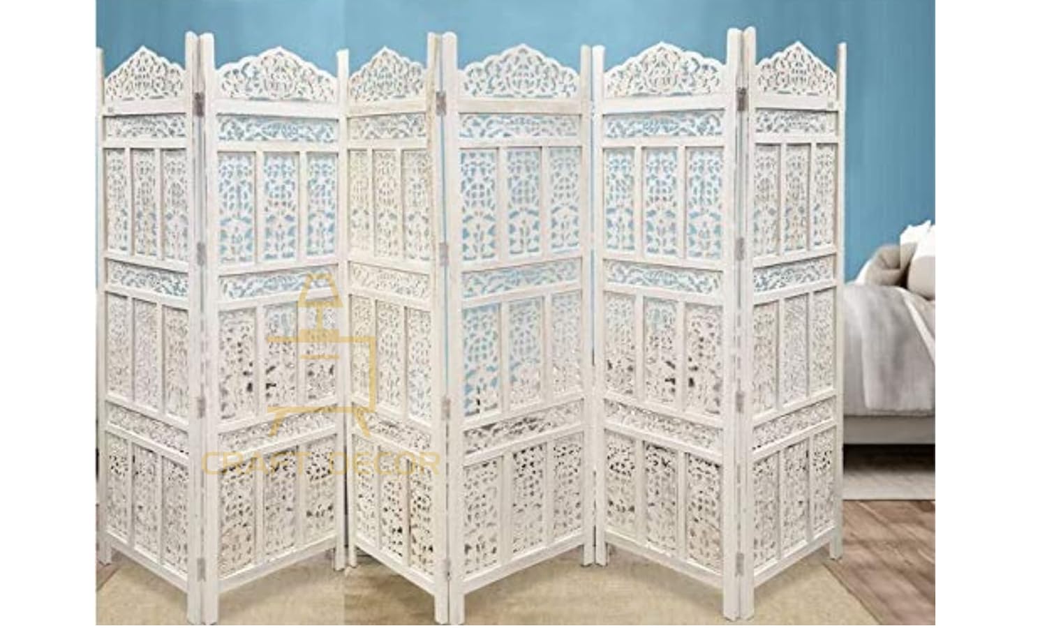 CRAFT DECOR Wooden Partition for Living Rooms, Wood Screen Separators, Wooden Room Wall Dividers 6 Wall Panels, Folding Screen for Living Room/Bedroom/Office/Restaurant/Pooja Room (White)