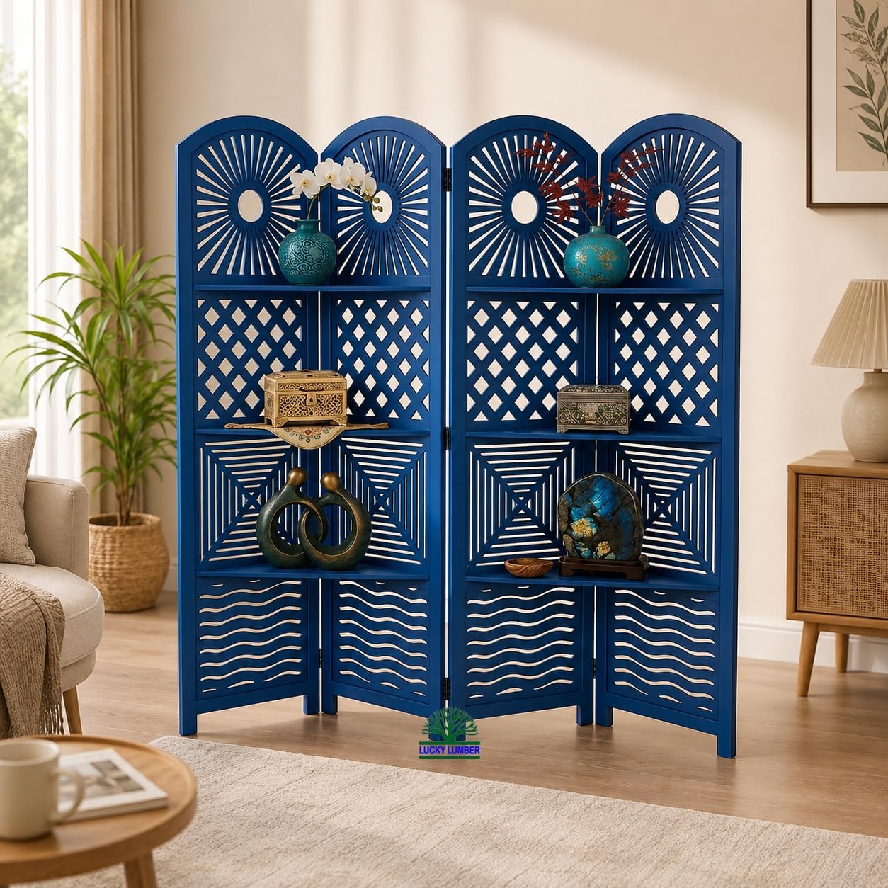 Wooden Room Divider Partition with Display Shelves for Living Room