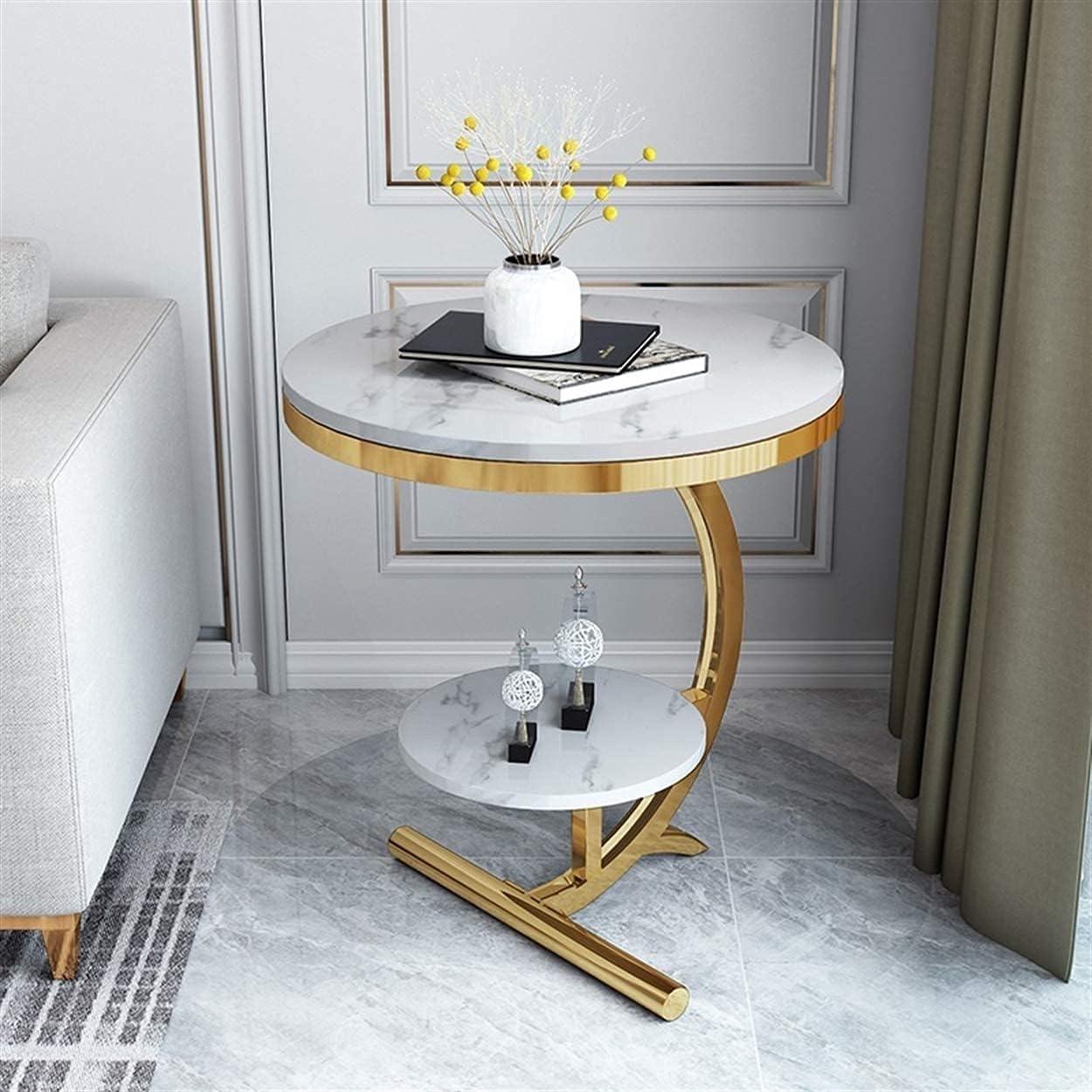 EXPRESSOW ENTERPRISES Metal End Table Round Side Table with Open Storage Shelf&Marble Look - Multi-Functional Indoor Outdoor Snacks Tea Table for Home and Living Room