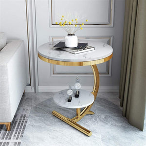 EXPRESSOW ENTERPRISES Metal End Table Round Side Table with Open Storage Shelf&Marble Look - Multi-Functional Indoor Outdoor Snacks Tea Table for Home and Living Room