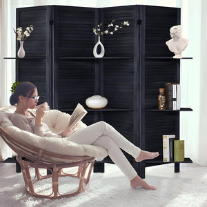 KRAFTEE Wooden Room Divider Partition-Foldable Wood Screen Divider for Office, Restaurant, Living Room, Bedroom, and Patti Design - Four Panels with Three Shelves-Black