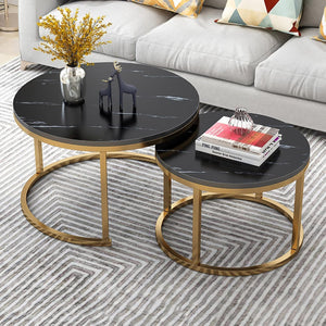 ETILAN Elegant Gold Metal Frame MDF Faux Marble top, Coffee Table Set 2 Piece, Stacking Nesting Center Table Glossy Stacking Tea Table Modernity to Any Living Room (White & Golden)