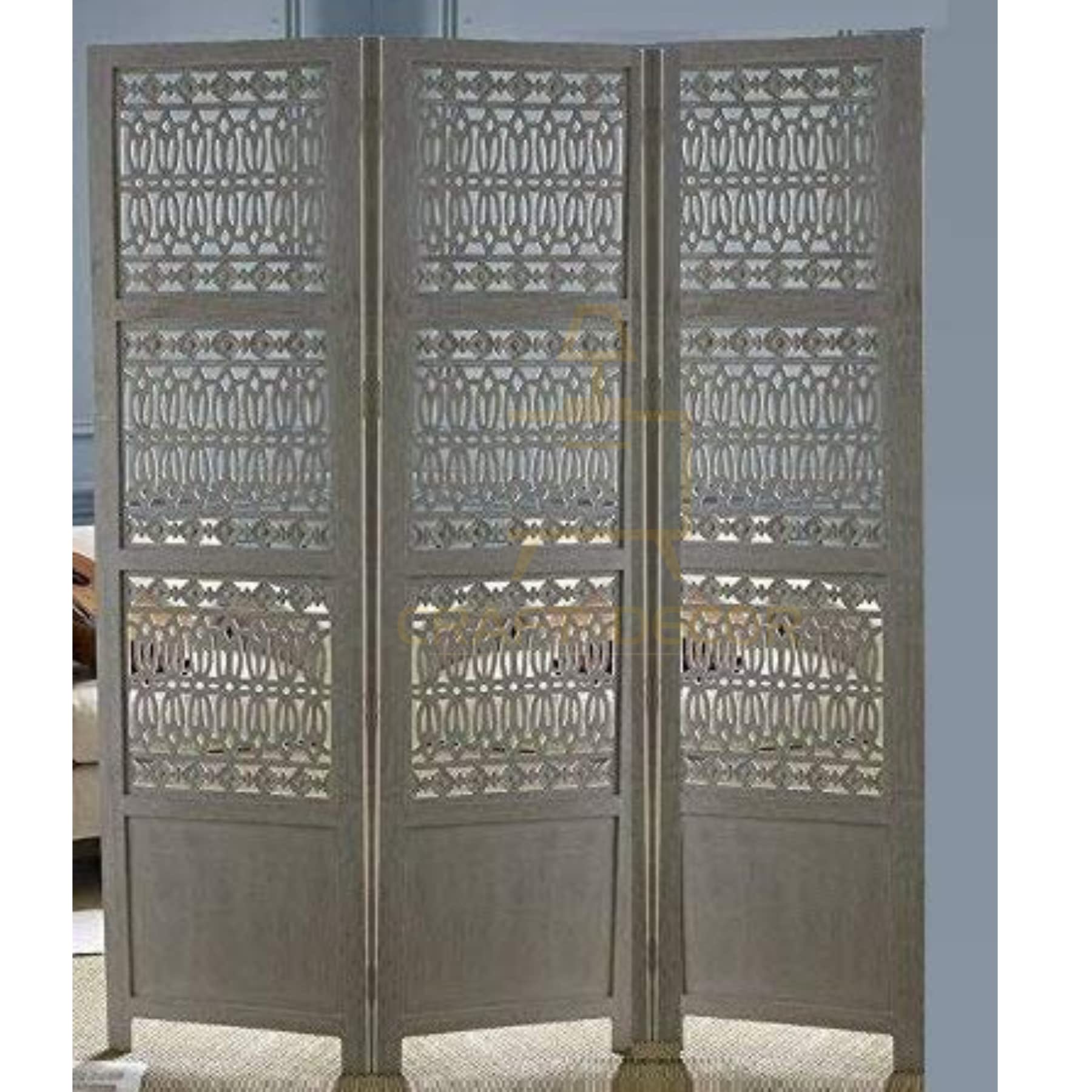 CRAFT DECOR Wooden Rooms Partitions for Living Room/Wooden Screen Separator/Room Wall Divider 3 Panels Living Room/Bedroom/Office/Restaurant/Pooja Room(Grey)
