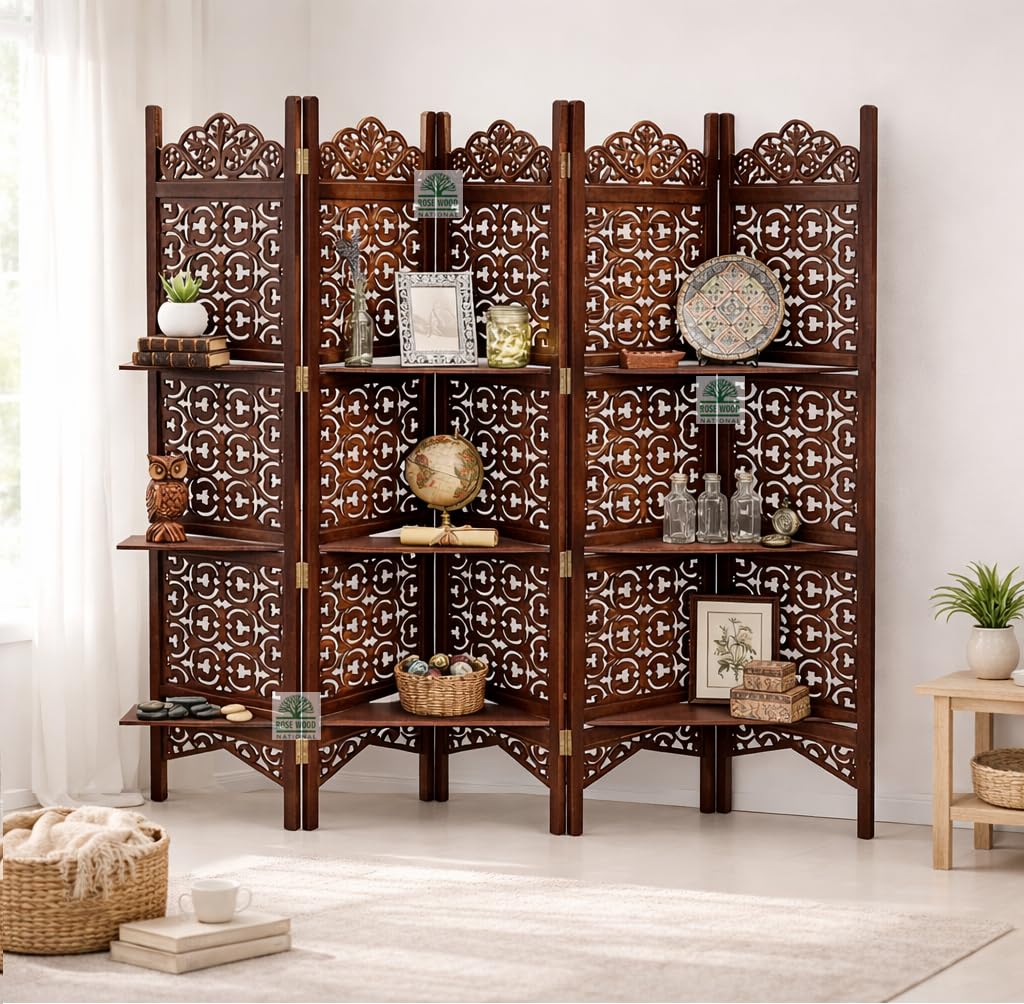 Wooden Room Divider 6 Feet, 4-Panel Folding Wooden Partition for Living Room, Office, Pooja Room, Restaurant, Kitchen & Balcony (2W x 1.82H Meters). (White-Cone Pattern)