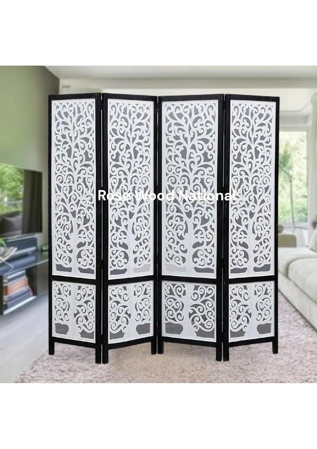 Wooden Room Divider 6 Feet, 4-Panel Folding Wooden Partition for Living Room, Office, Pooja Room, Restaurant, Kitchen & Balcony (2W x 1.82H Meters). (White-Cone Pattern)