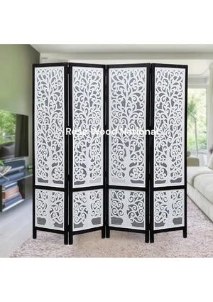 Wooden Room Divider 6 Feet, 4-Panel Folding Wooden Partition for Living Room, Office, Pooja Room, Restaurant, Kitchen & Balcony (2W x 1.82H Meters). (White-Cone Pattern)