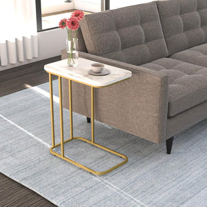 DECOWORLD|| Metal Side Table with Marble Finish Wooden Top for Living Room, Sofa or Bed Side Stand