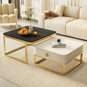 EXPRESSOW ENTERPRISES Metal Frame 20X20 Square Set of 2 Coffee Tables, Stacking Center Tables with Minimalist Marbles Look and Storage Drawer for Living Room Bedroom or Apartments (Golden)