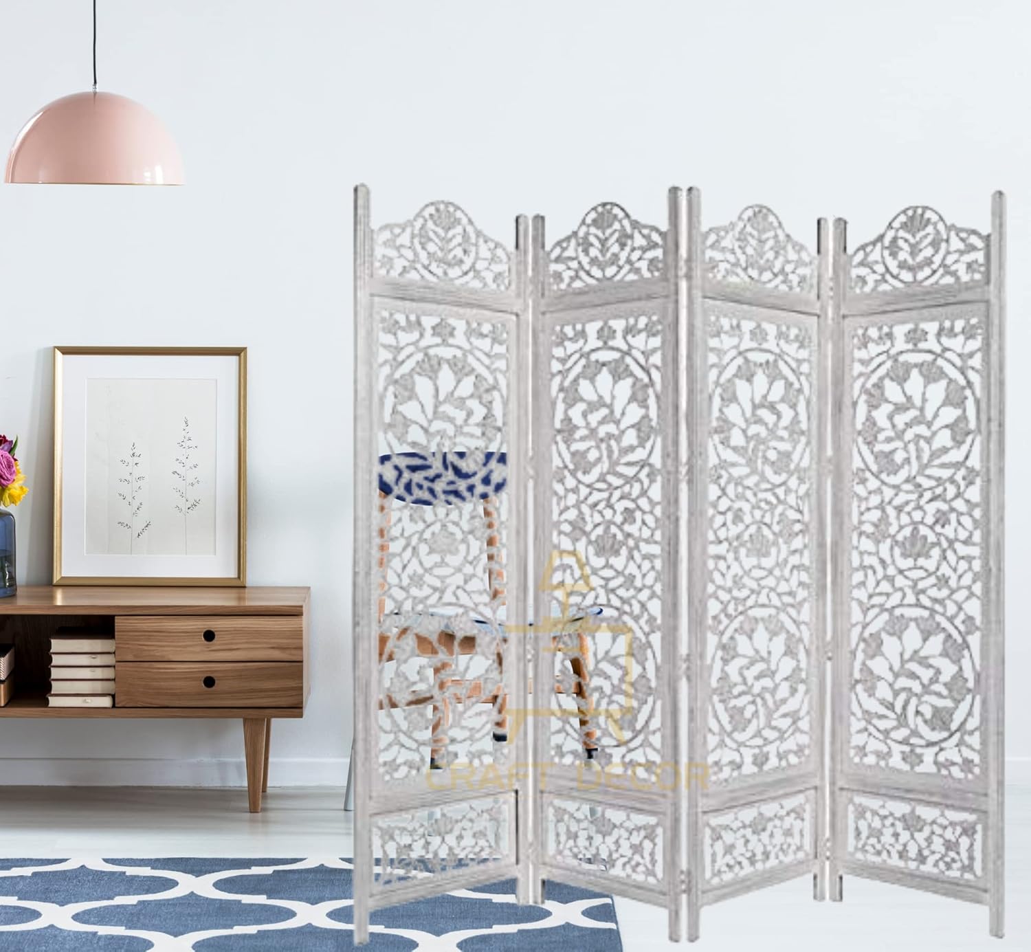 CRAFT DECOR Wooden Partition for Living Rooms, Wood Screen Separators, Wooden Room Wall Divider 4 Wall Panels, Folding Screen for Living Rooms/Bedroom/Office/Restaurant/Pooja Room