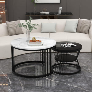 NEST NATURE HAVEN Round Coffee Table, Modern Nestings Table Set of 2, Sofa Side Table with Marble Veneer Top and Metal Frame, End Table for Living Room Bedroom Home or Office (Black White)