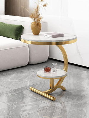 EXPRESSOW ENTERPRISES Metal End Table Round Side Table with Open Storage Shelf&Marble Look - Multi-Functional Indoor Outdoor Snacks Tea Table for Home and Living Room