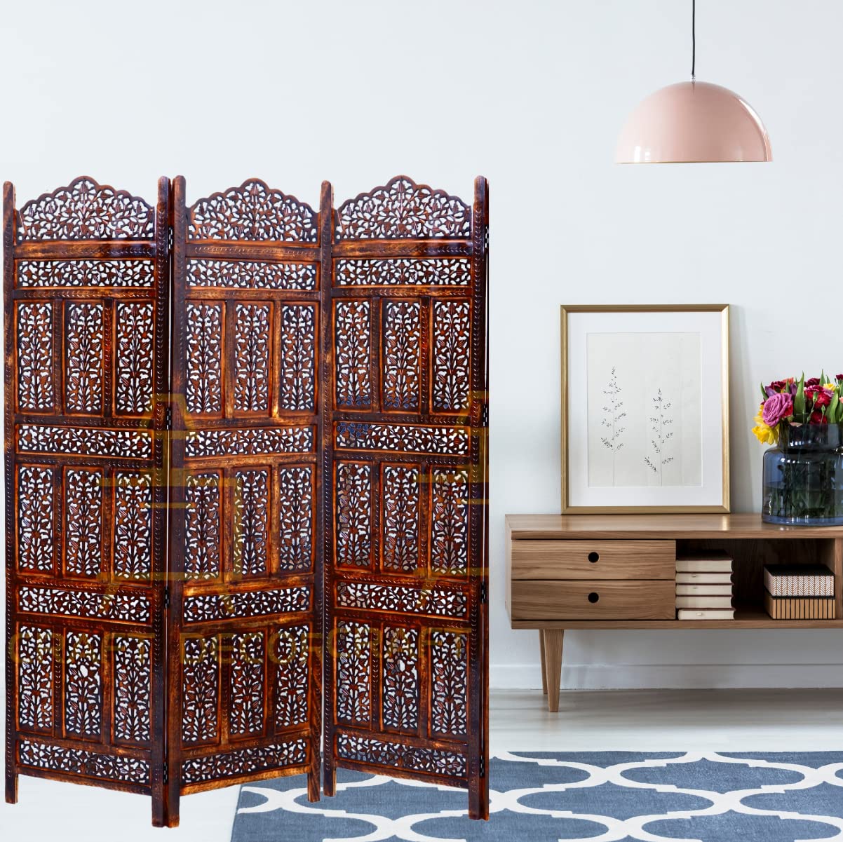 CRAFT DECOR Wooden Room Partition for Living Room / Wood Screen Separator / Room Wall Divider 3 Panels Living Room/Bedroom/Office/ Restaurant/Pooja Room