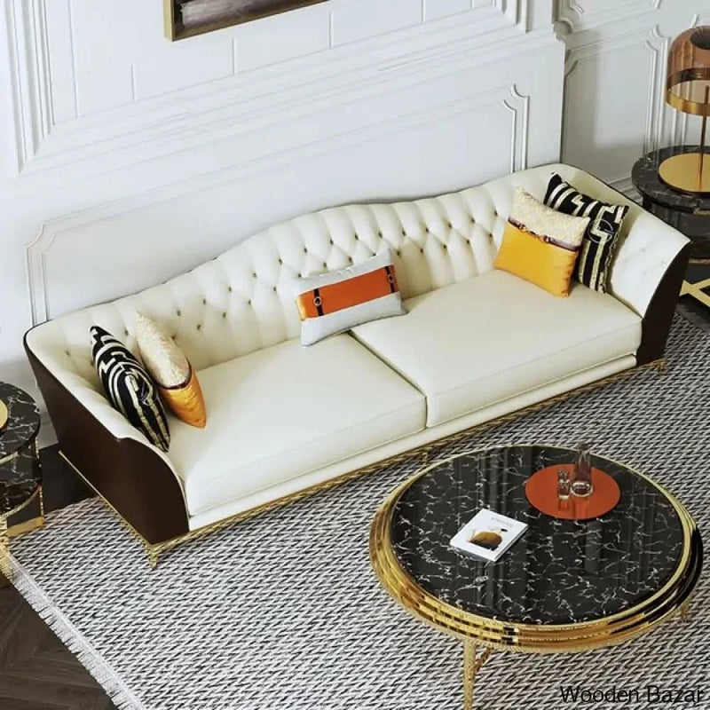 72.8" Faux Leather Upholstered Sofa White and Brown Mid-Century Couch Curved Tufted Back - Wooden Bazar