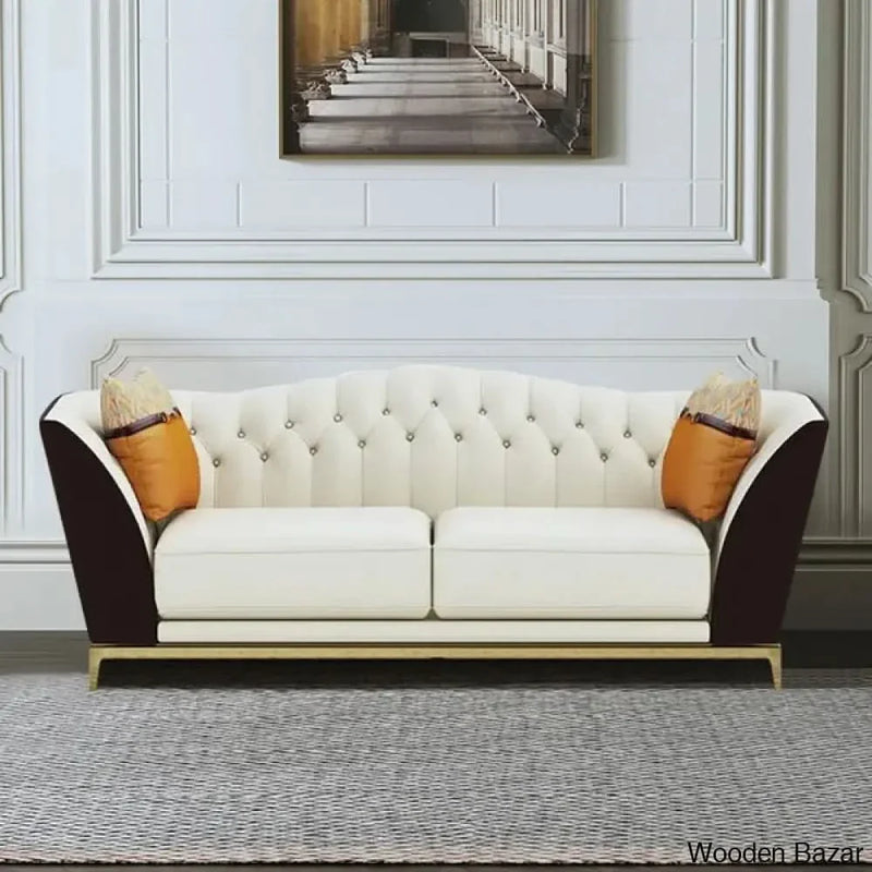 72.8" Faux Leather Upholstered Sofa White and Brown Mid-Century Couch Curved Tufted Back - Wooden Bazar