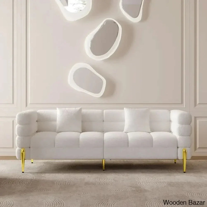 78.7" Modern White Boucle Upholstered Fluted 3 Seater Sofa for Living Room with pillow - Wooden Bazar