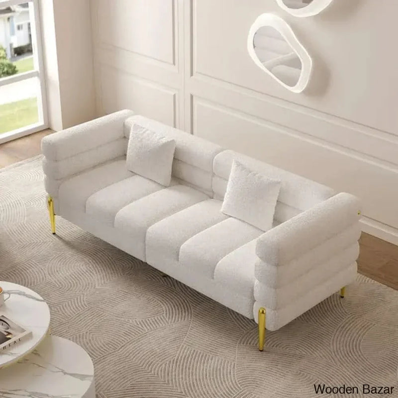 78.7" Modern White Boucle Upholstered Fluted 3 Seater Sofa for Living Room with pillow - Wooden Bazar