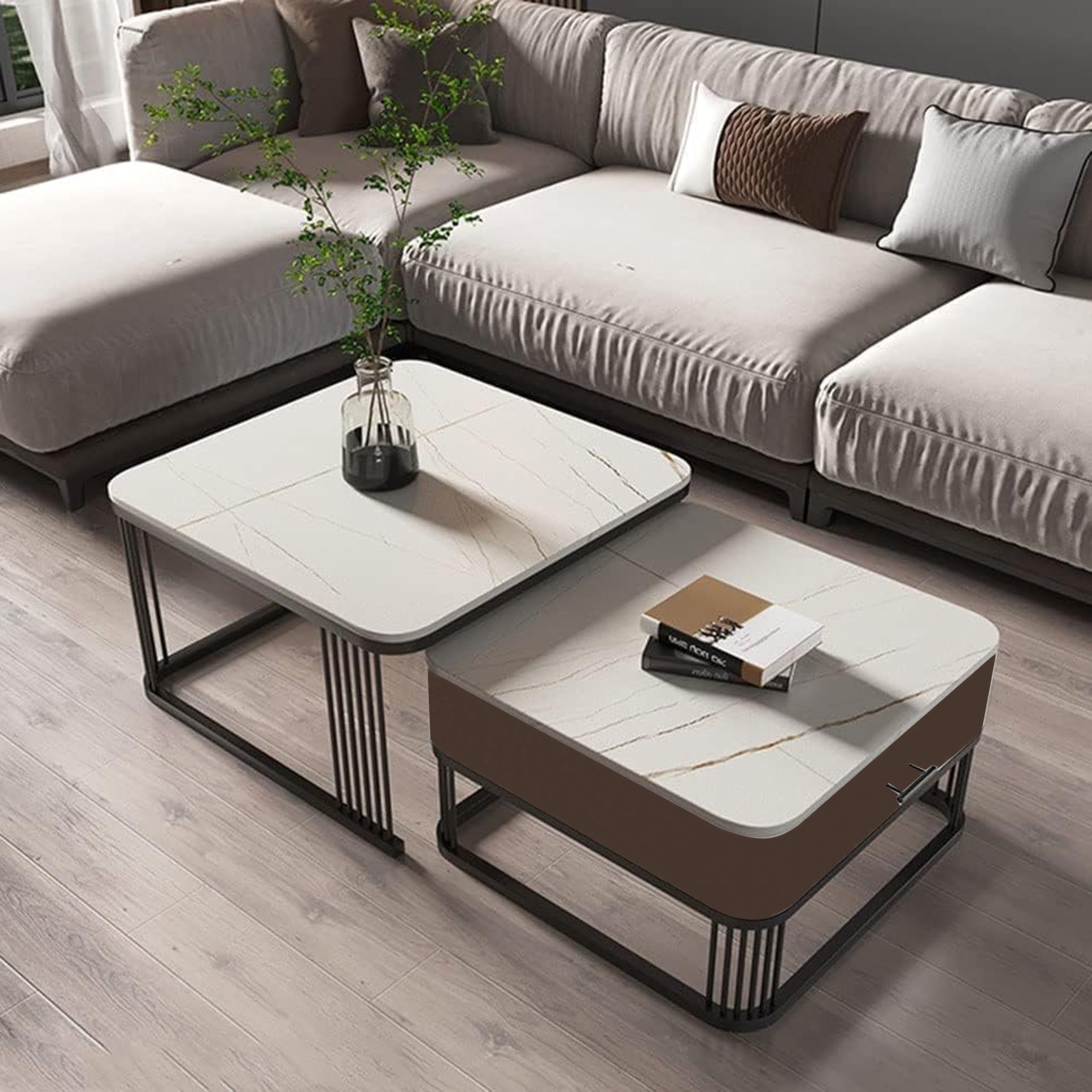 Iron Frame Handmade with Drawer Square 20"x20" Coffee Table/Stacking Tea Table/Luxury Sofa Center Table with Marble Look Engineered Wood Top for Living Room/Drawing Room (Grey)