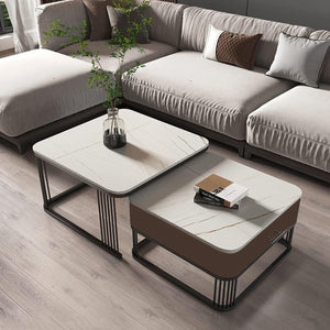 Iron Frame Handmade with Drawer Square 20"x20" Coffee Table/Stacking Tea Table/Luxury Sofa Center Table with Marble Look Engineered Wood Top for Living Room/Drawing Room (Grey)