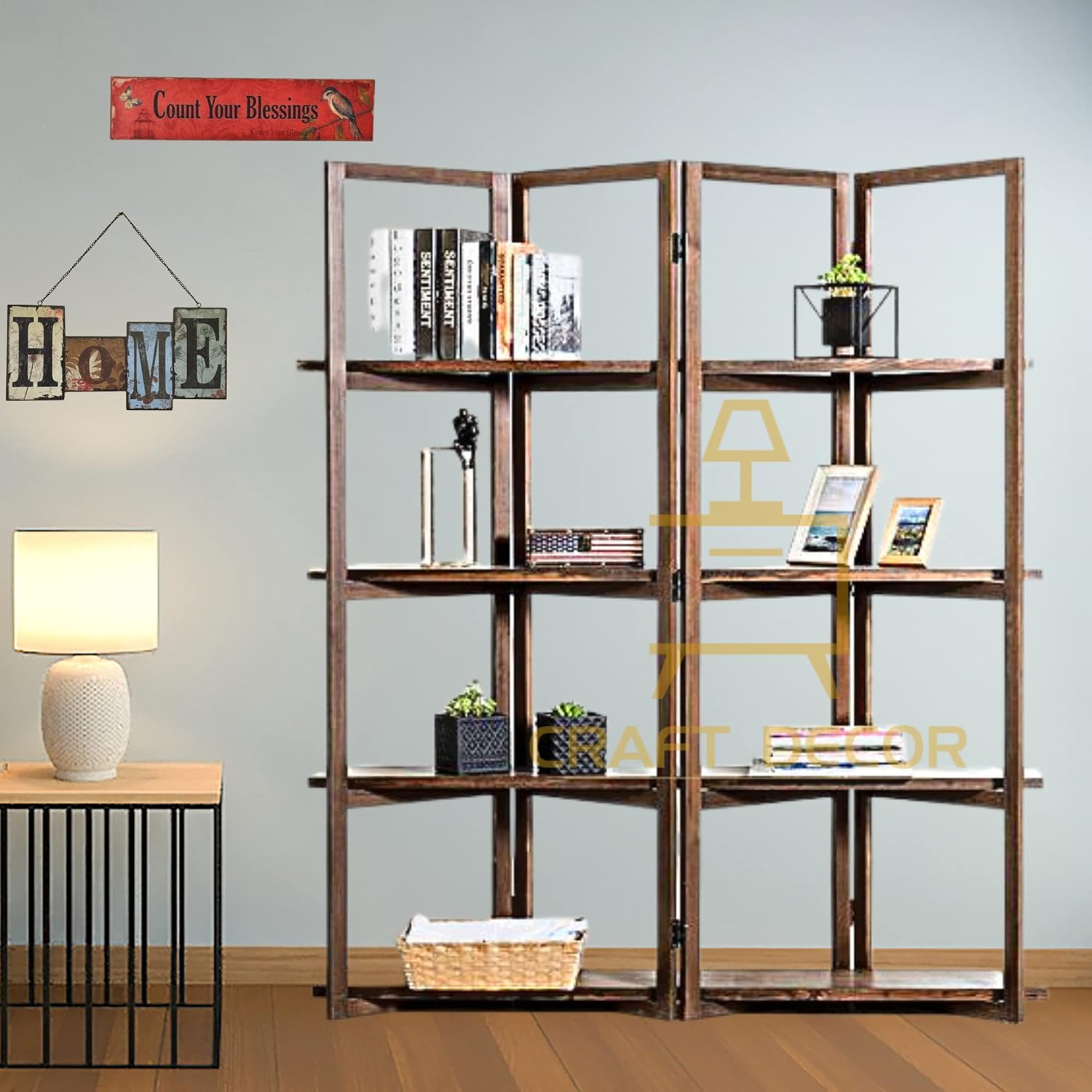 CRAFT DECOR Wooden Partition for Living Rooms, Wood Screen Separator with Shelf, Wooden Room Wall Divider 4 Wall Panels with Shelf, Folding Screen for Living Rooms/Bedroom/Office/Restaurant/Pooja Room