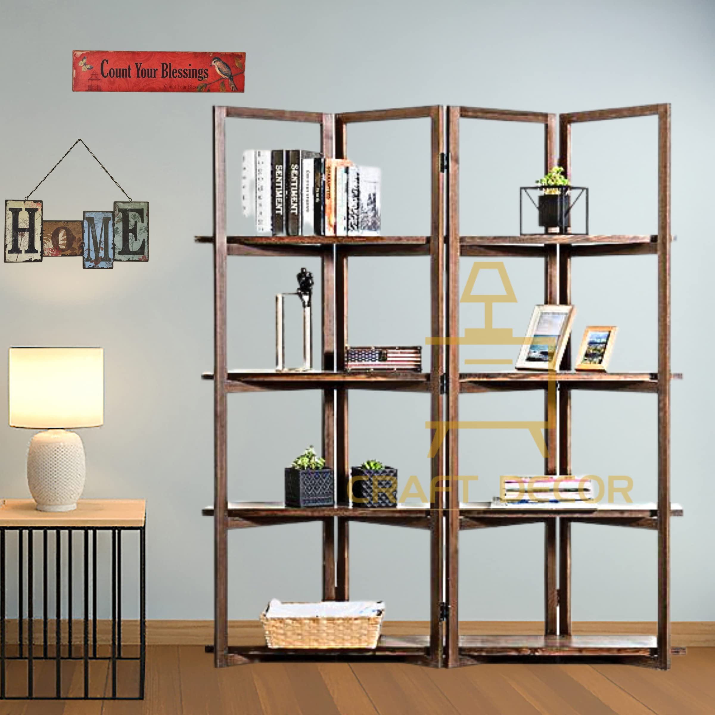 CRAFT DECOR Wooden Partition for Living Rooms, Wood Screen Separator with Shelf, Wooden Room Wall Divider 4 Wall Panels with Shelf, Folding Screen for Living Rooms/Bedroom/Office/Restaurant/Pooja Room