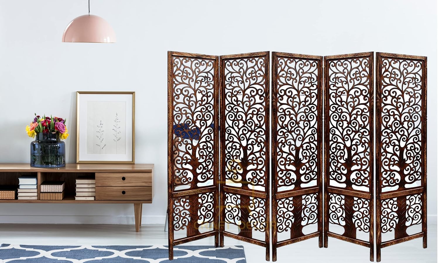 CRAFT DECOR Wooden Partition for Living Rooms, Wood Screen Separator, Wooden Rooms Wall Dividers 5 Wall Panel, Folding Screen for Living Room/Bedroom/Office/Restaurant/Pooja Room