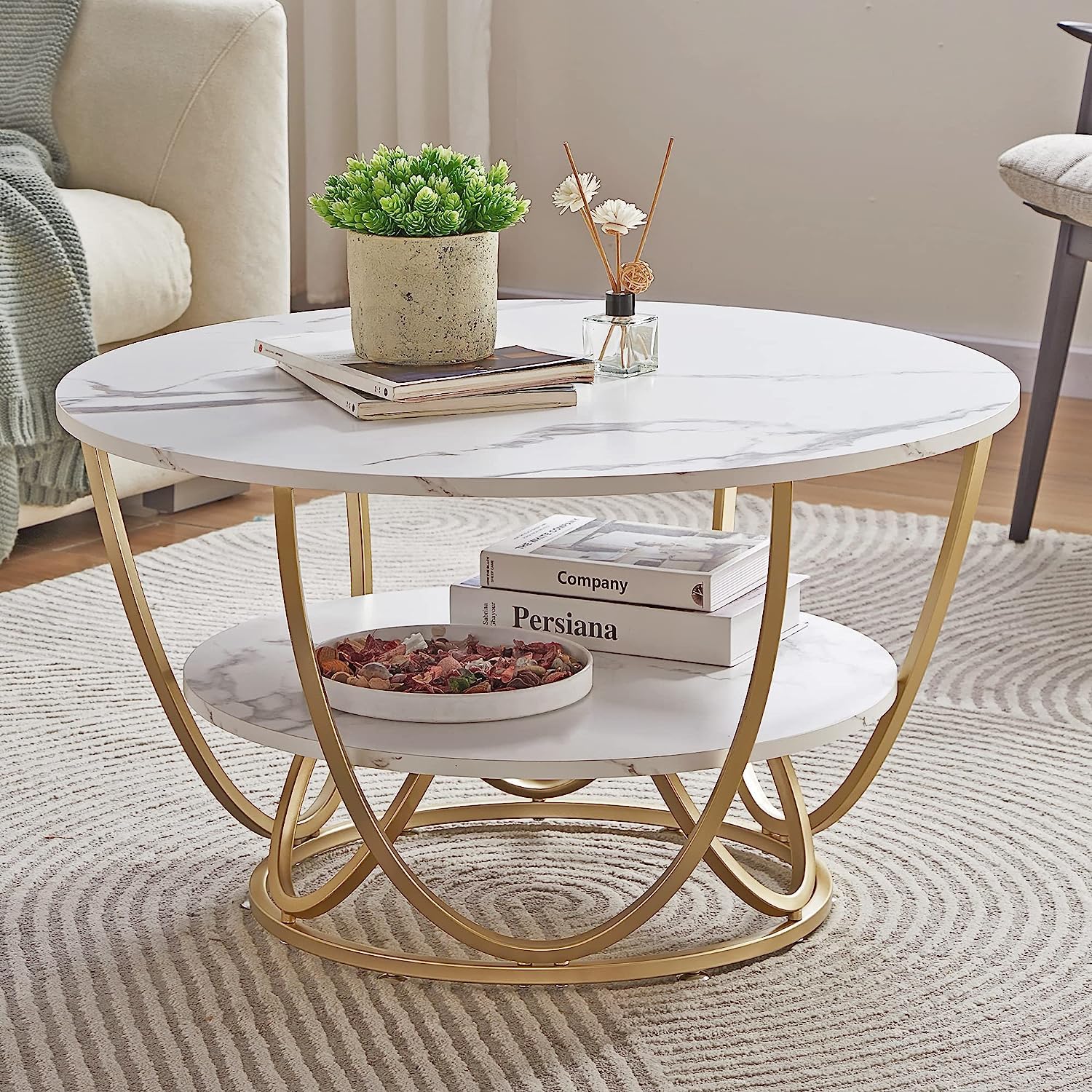 CRAFT DECOR Engineered Wood Top with Marble Finish Indiana Bowed Round Coffee Table for Living Room | Office | Restaurant