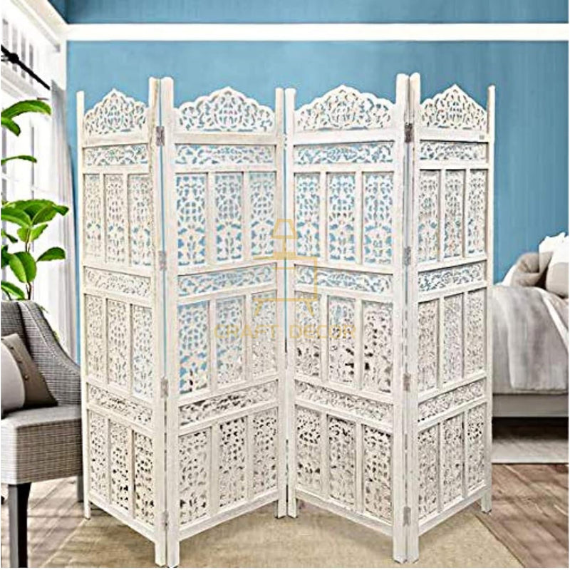 CRAFT DECOR Wooden Partition for Living Room, Wood Screen Separator, Wooden Room Wall Divider 4 Wall Panels, Folding Screen for Living Rooms/Bedroom/Office/Restaurant/Pooja Room(White)