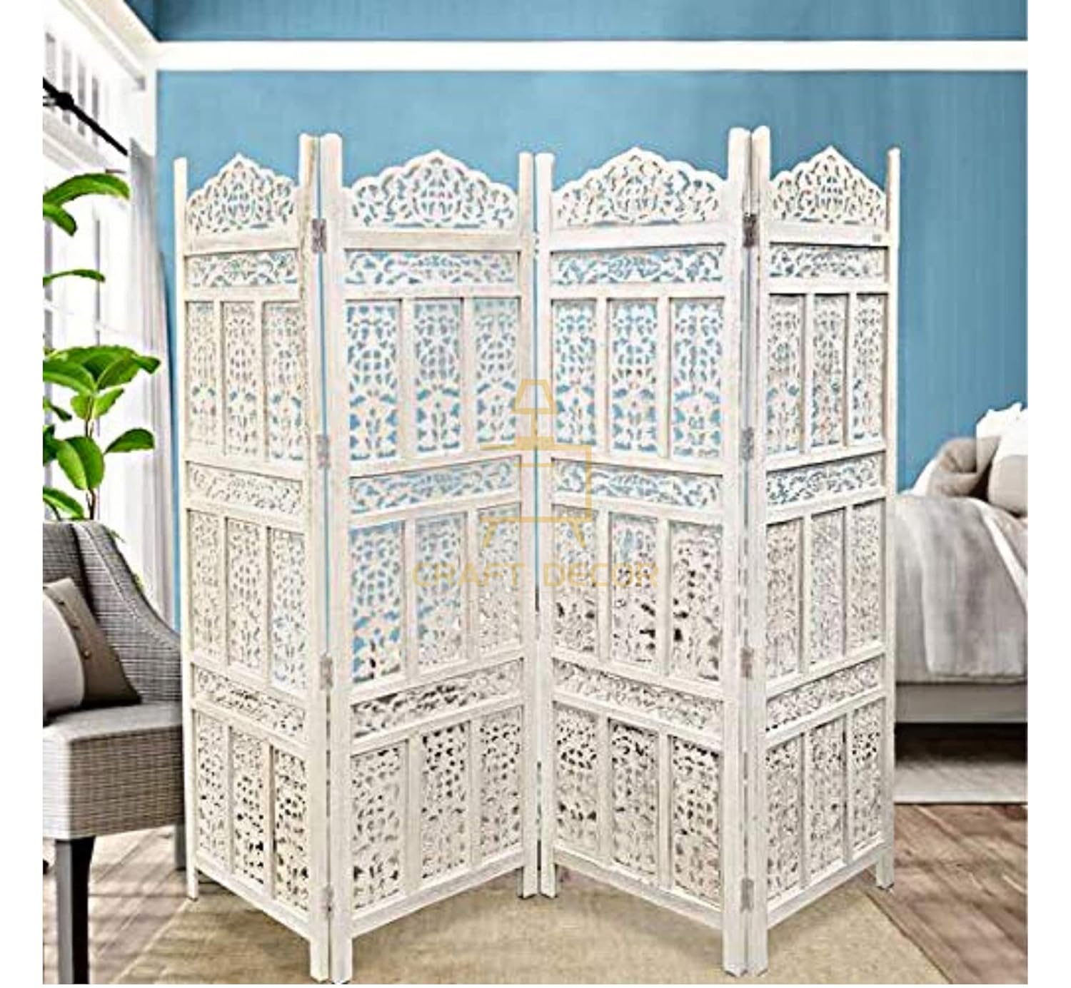 CRAFT DECOR Wooden Partition for Living Room, Wood Screen Separator, Wooden Room Wall Divider 4 Wall Panels, Folding Screen for Living Rooms/Bedroom/Office/Restaurant/Pooja Room(White)
