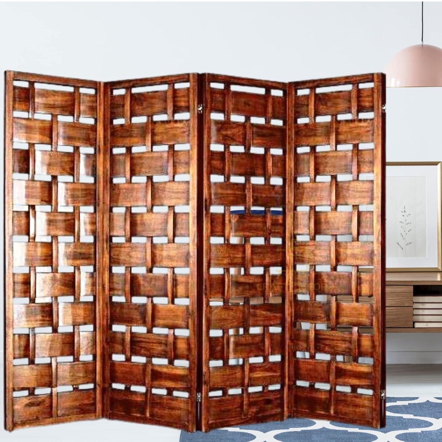 CRAFT DECOR Wooden Partition Screen Separator || Room Divider Traditional Handicrafts 4 Panels Antique for Living Room, Bedroom, Office and Restaurant