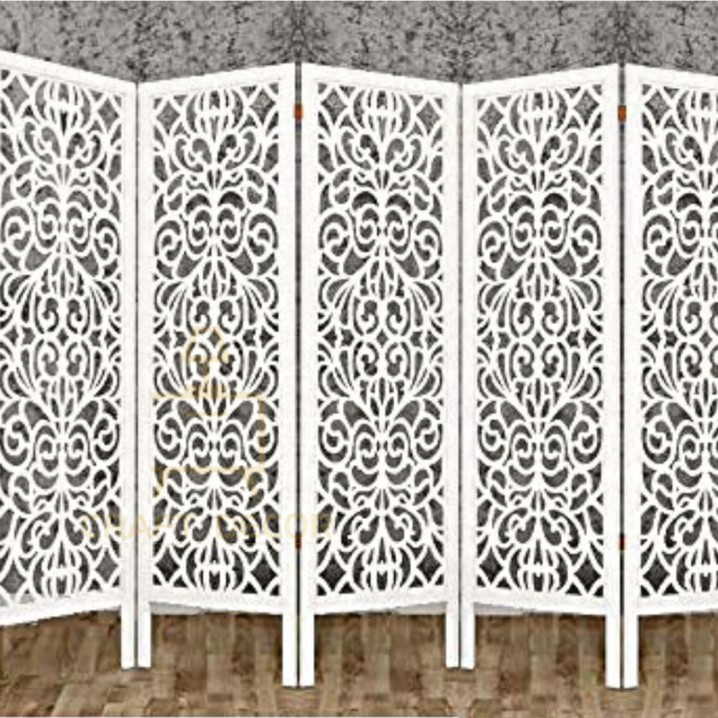 CRAFT DECOR Wooden Partition for Living Rooms, Wood Screen Separator, Wooden Room Wall Dividers 5 Wall Panel, Folding Screen for Living Room/Bedroom/Office/Restaurant/Pooja (White)