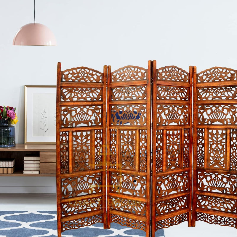 CRAFT DECOR Wooden Partition for Living Room, Wood Screen Separator, Wooden Rooms Wall Divider 4 Wall Panels, Folding Screen for Living Room/Bedroom/Office/Restaurant/Pooja