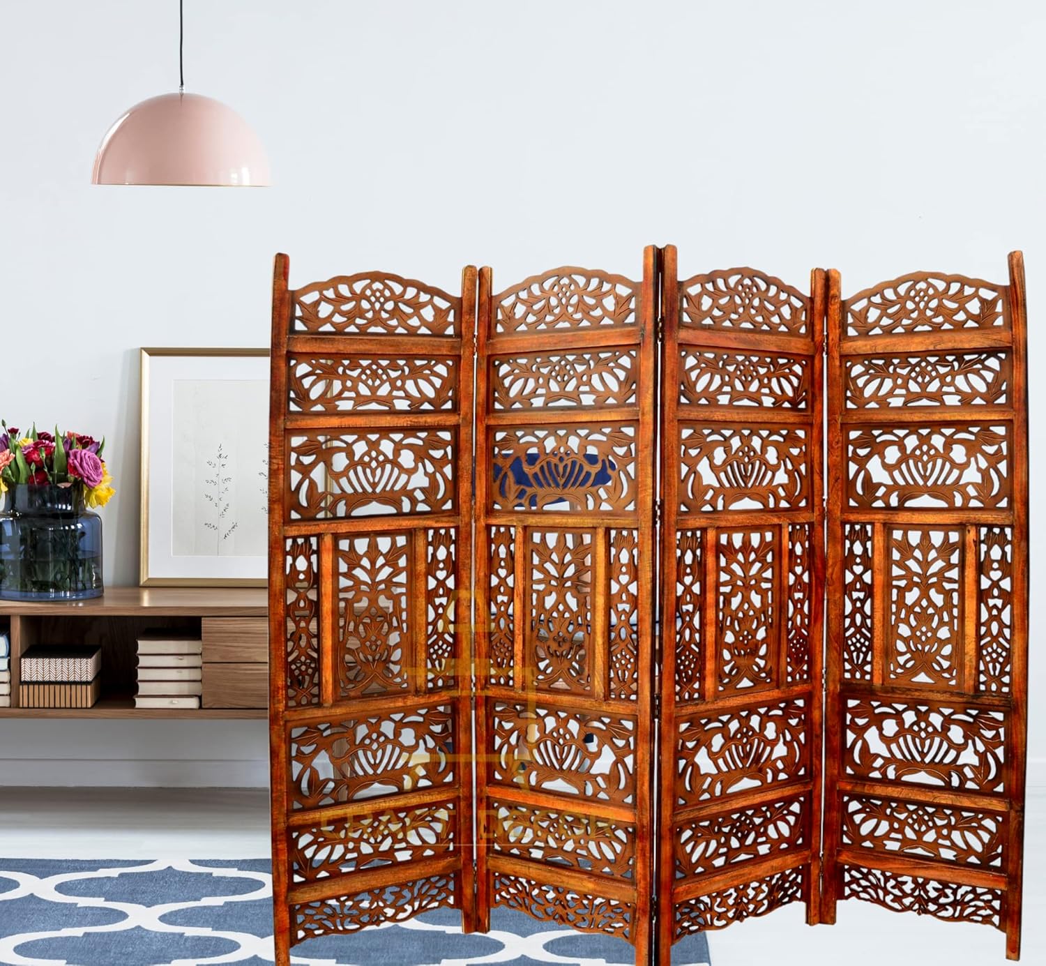 CRAFT DECOR Wooden Partition for Living Room, Wood Screen Separator, Wooden Rooms Wall Divider 4 Wall Panels, Folding Screen for Living Room/Bedroom/Office/Restaurant/Pooja