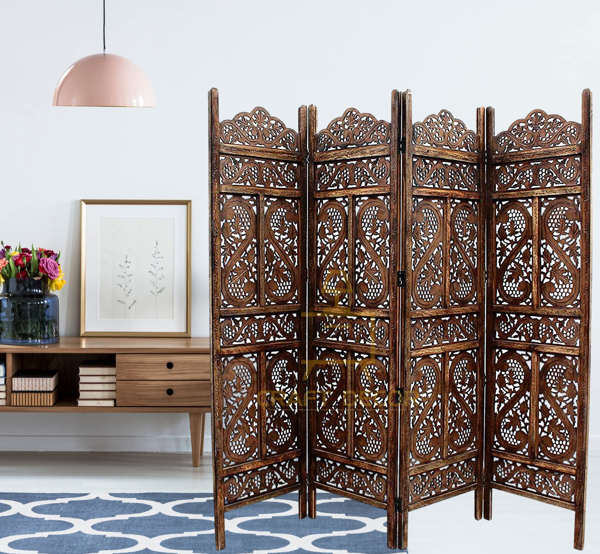 CRAFT DECOR Wooden Partition for Living Rooms, Wood Screen Separator, Wooden Rooms Wall Divider 4 Wall Panels, Folding Screen for Living Rooms/Bedroom/Office/Restaurant/Pooja Room