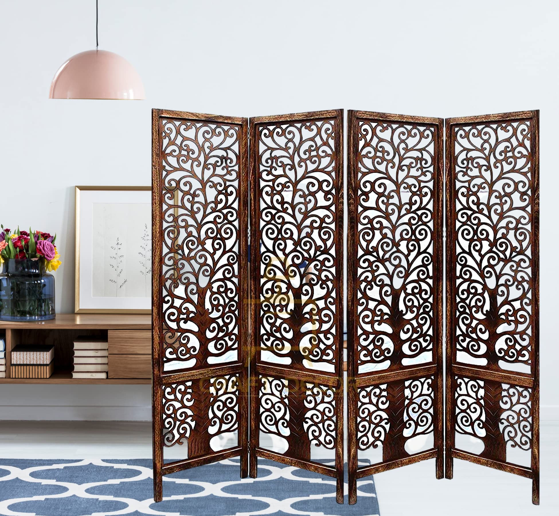 CRAFT DECOR Wooden Partition for Living Room, Wood Screen Separators, Wooden Rooms Wall Divider 4 Wall Panels, Folding Screen for Living Rooms/Bedroom/Office/Restaurant/Pooja Room