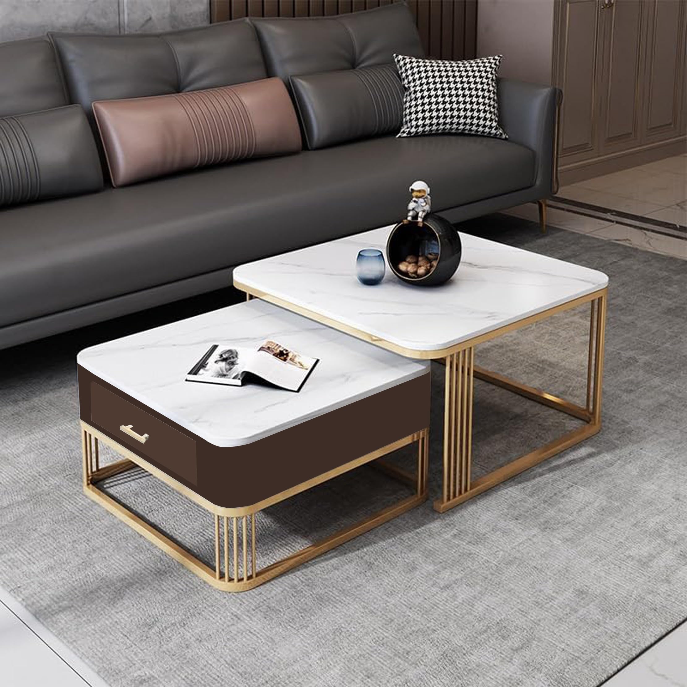 Iron Frame Handmade with Drawer Square 20"x20" Coffee Table/Stacking Tea Table/Luxury Sofa Center Table with Marble Look Engineered Wood Top for Living Room/Drawing Room (Grey)