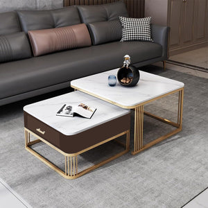 Iron Frame Handmade with Drawer Square 20"x20" Coffee Table/Stacking Tea Table/Luxury Sofa Center Table with Marble Look Engineered Wood Top for Living Room/Drawing Room (Grey)