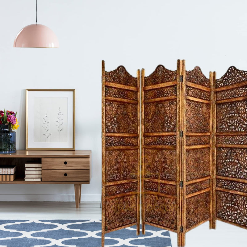 CRAFT DECOR Wooden Partition for Living Room, Wood Screen Separator, Wooden Rooms Wall Dividers 4 Wall Panels, Folding Screen for Living Room/Bedroom/Office/Restaurant/Pooja Room