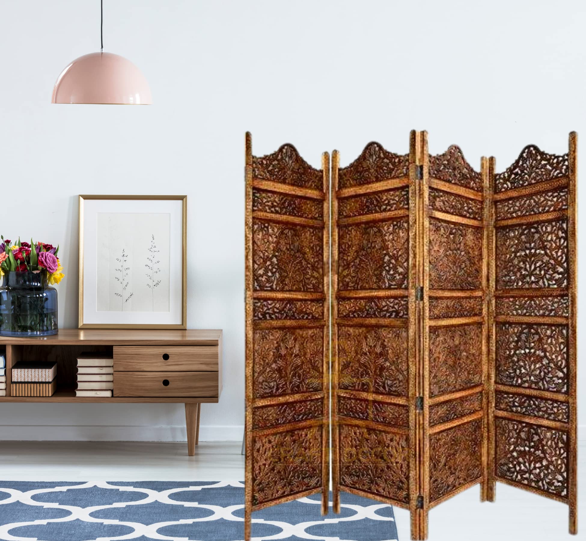 CRAFT DECOR Wooden Partition for Living Room, Wood Screen Separator, Wooden Rooms Wall Dividers 4 Wall Panels, Folding Screen for Living Room/Bedroom/Office/Restaurant/Pooja Room