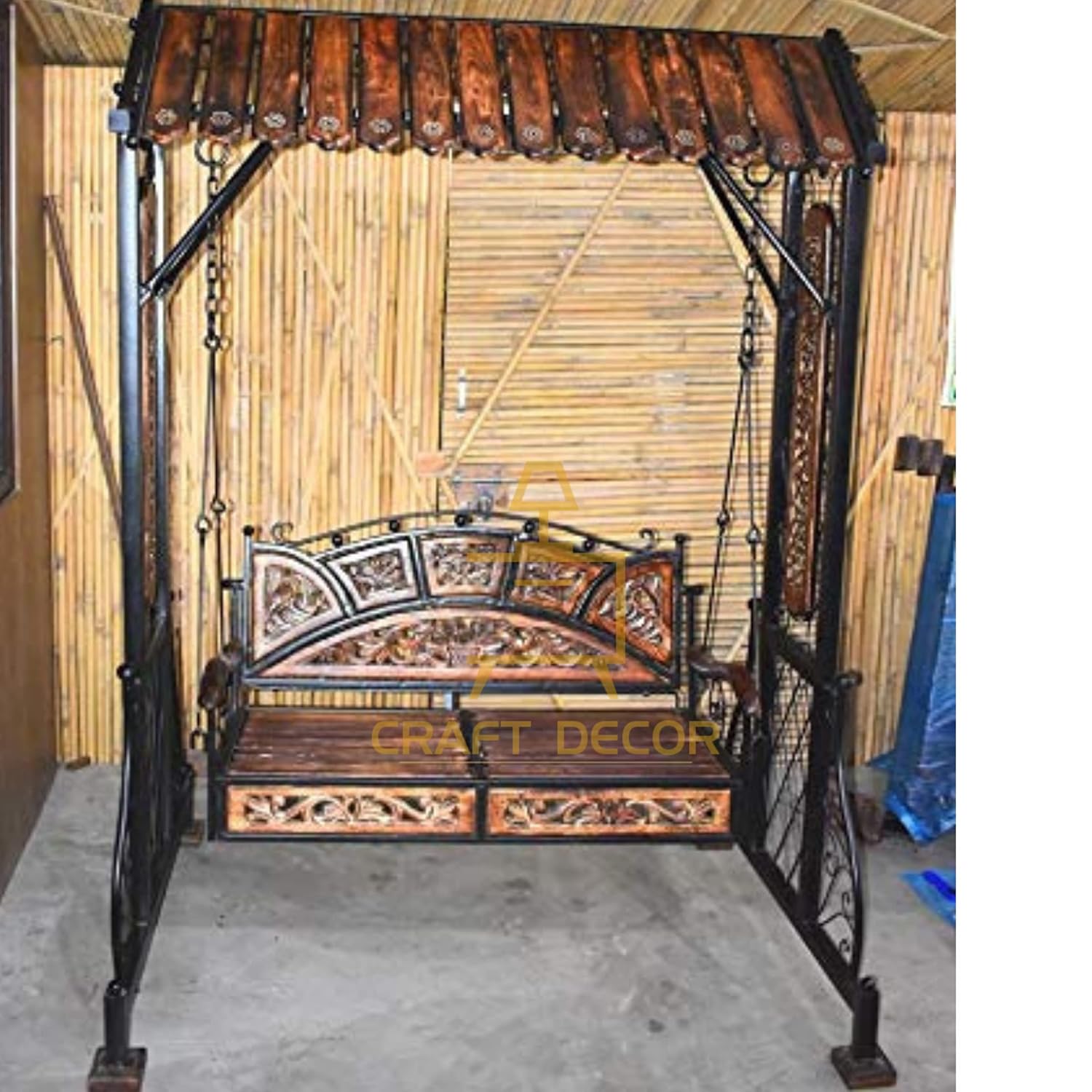 CRAFT DECOR Swing Chairs For Balcony With Stands , Swing Chair Jhoola For Indoor And Outdoor Garden With Wooden Roof, Solid Wood And Wrought Iron Jhoola For Balcony, Hammock Swing , Cradle Swing For Home And Garden